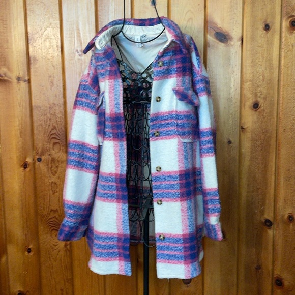 Grace + karma flannel jacket size medium pink and blue plaid flannel top warm - Picture 1 of 6